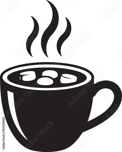Steaming hot chocolate icon with marshmallows in black mug