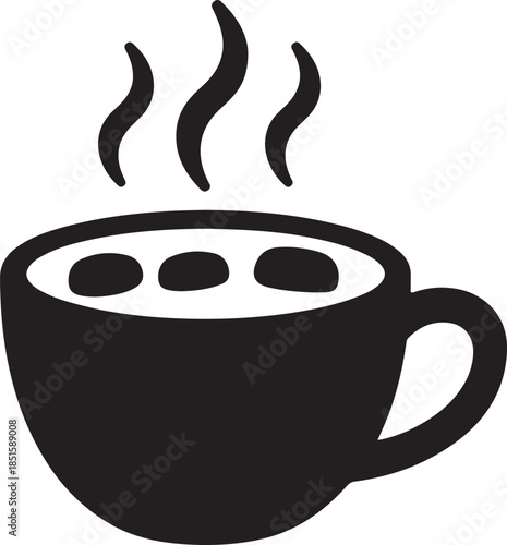Steaming hot chocolate icon with marshmallows in black mug