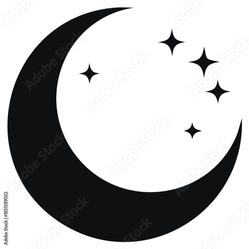 Black crescent moon with four small stars on white background