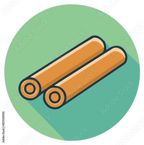 Illustration of two cinnamon sticks isolated in a green circle, spice and flavor concepts