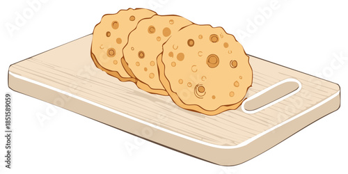 Round savory flatbreads with bubbles on a wooden cutting board