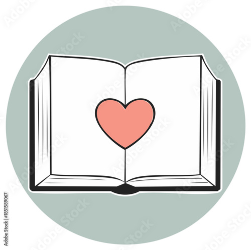 Open book with a heart symbol icon. Love for reading, literature, and romantic story concept illustration.