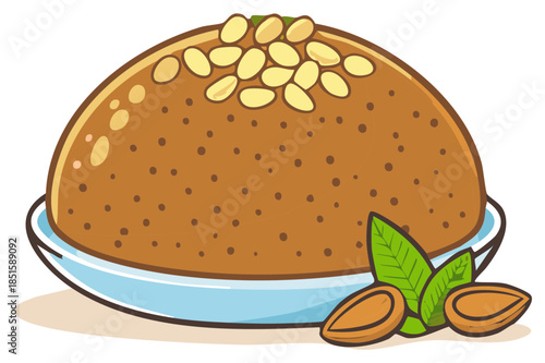 Cartoon halva dessert with almonds and mint leaves on a blue plate