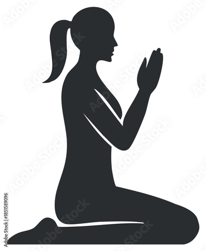 Woman kneeling in prayer or meditation graphic silhouette with ponytail hairstyle