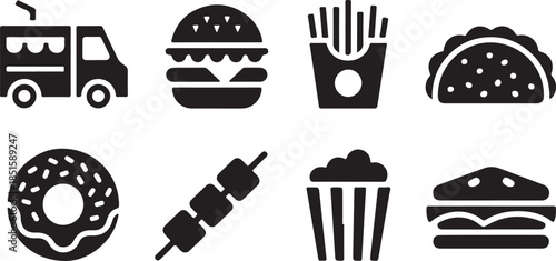 Street food silhouette icon set. Food truck, burger, fries, taco icons silhouette collection
