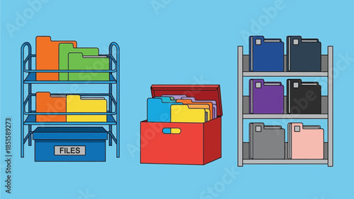 A collection of colorful folders organized in shelves and a box.