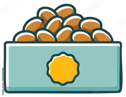 Cartoon illustration of a blue bowl filled with brown kibble pet food