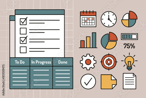 Task Management Kanban Board and Productivity Business Icons Set