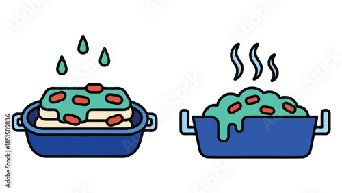 Two dishes of lasagna are shown, one being prepared and one served hot.