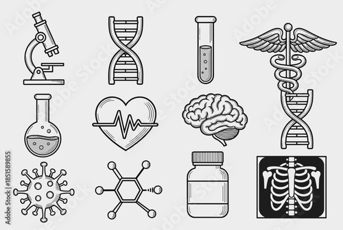 A Collection of Black and White Line Art Icons Representing Science and Medical Concepts