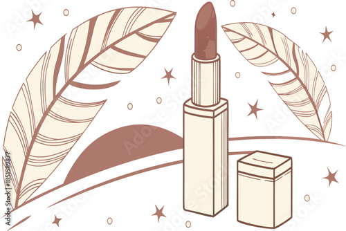 Vibrant pink lipstick with feathers, stars, and a cream background, elegant makeup illustration