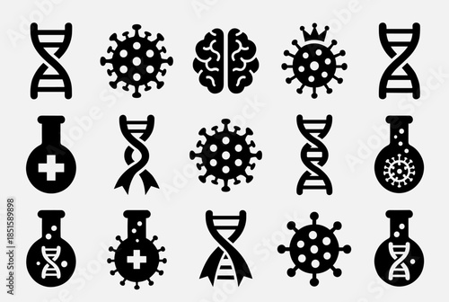 Set of Science and Healthcare Icons Dna, Viruses, Brain, and Flasks