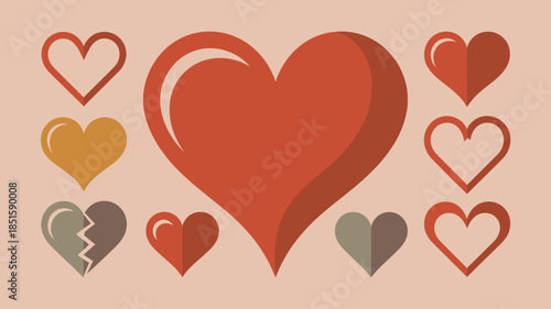 A charming collection of heart shapes displaying various colors, styles, and a single broken heart