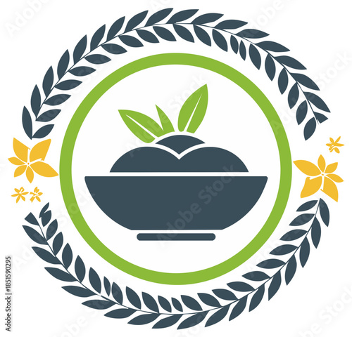 Organic food icon with a fresh meal in a bowl and a leaf wreath emblem for a healthy lifestyle