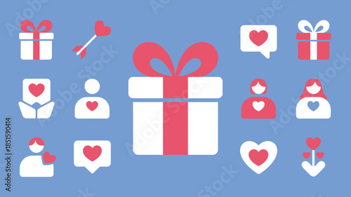 A cohesive set of flat design icons featuring gifts, hearts, and human figures on a bright blue background