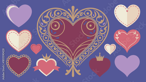 A collection of decorative and simple heart shapes on a vibrant purple background for romantic themes