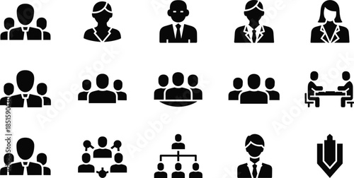 Business and Teamwork Icons Featuring Professional Roles, Group Collaboration, Organizational Charts, Meetings, Leadership, and Network Structures for Corporate Design