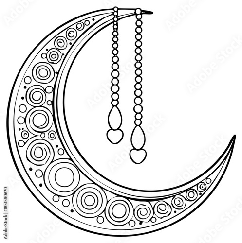 Ornamental Crescent Moon with Hanging Beads Hand Drawn Outline