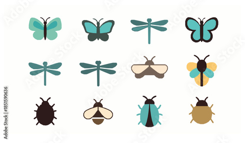 Flat minimal insect icons vector collection featuring butterflies bees dragonflies and ladybugs on white background