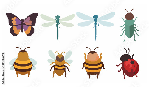 Colorful cartoon insect vector set with butterflies dragonflies bees and ladybugs for kids education and nature designs