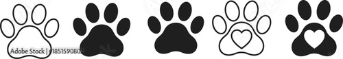 Stylized Pet Paw Print Icons with Heart Variations for Animal Care, Veterinary Branding, Pet Love, and Digital Design Themes