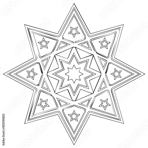 Geometric star design with nested stars and abstract shapes in line art style.