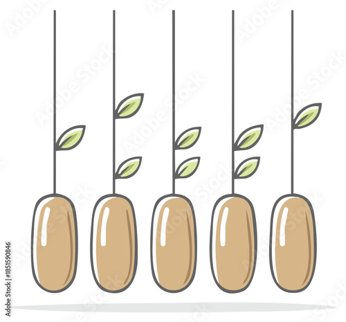 Minimalist line art illustration of hanging seeds sprouting to represent growth and new beginnings