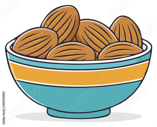 Vector illustration of nutritious almond nuts in a colorful turquoise bowl with a yellow stripe healthy snack