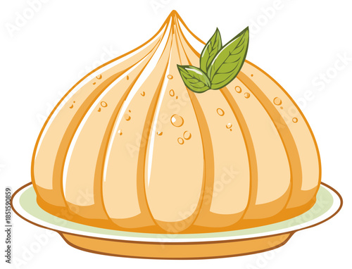 Sweet vector illustration of a molded dessert with orange color, textured ridges, and fresh mint leaves on a plate