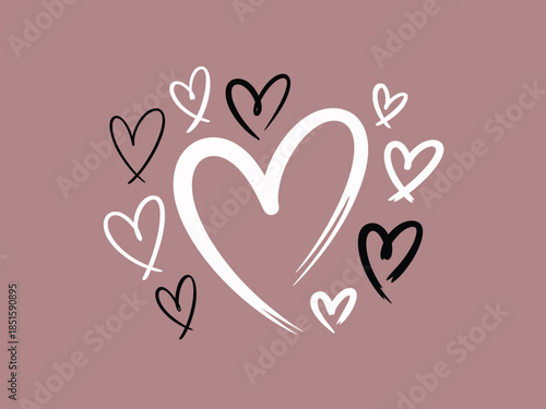 A collection of varied hand drawn heart shapes in white and black colors on a mauve pink field