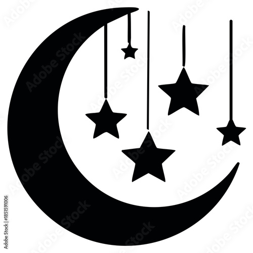 Crescent moon silhouette with dangling stars, celestial dreamlike vector illustration
