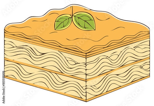 Delicious golden layered pastry vector illustration with green leaf garnish and sweet syrup