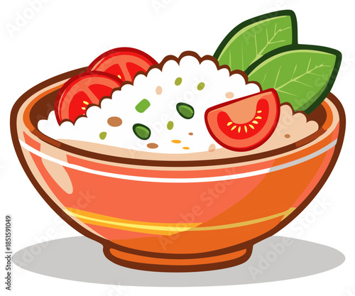 Bowl of Rice with Tomato Slices and Basil Leaves Illustration