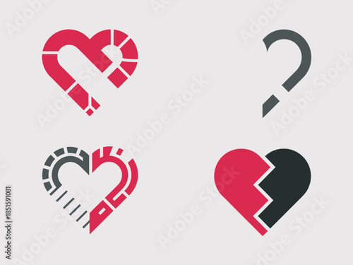 A compelling set of heart symbols depicting unity, fragmentation, and uncertainty in red and grey