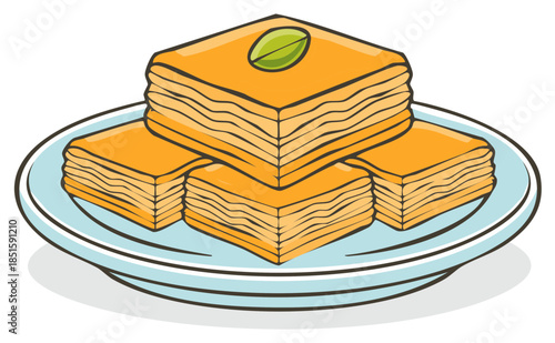 Delicious golden layered baklava pastries with pistachio nuts served on a plate