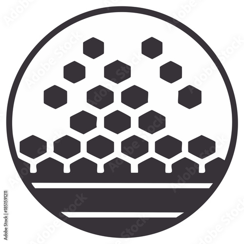 Abstract depiction of honeycomb structure within circle evokes bee keeping theme for graphic designs