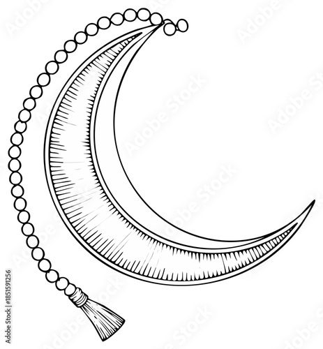 Crescent Moon with Prayer Beads and Tassel Islamic Symbol Stylized Hand Drawn Illustration