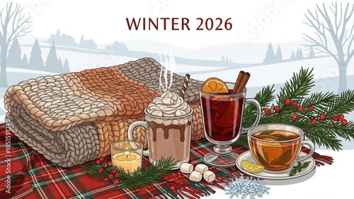 Warm winter beverages on a plaid blanket with marshmallows and pine branches on a snowy background