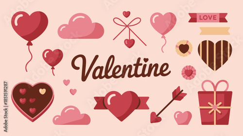 A delightful collection of charming Valentines Day elements including hearts, balloons, sweets, and gift boxes