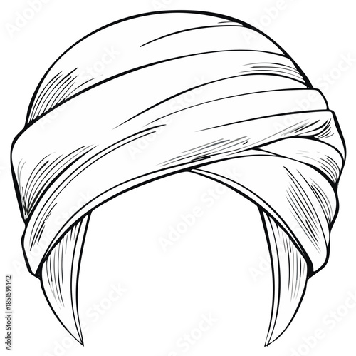 Traditional Turban Headwrap Artistic Line Art Drawing Black White Illustration