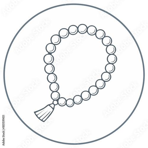 Prayer beads stringed in a circle with tassel, religion and spirituality themes, simple minimalistic vector design, circle