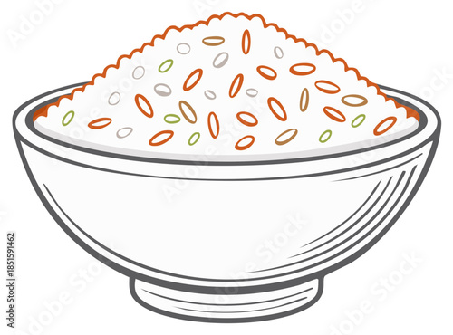 Illustration of a Bowl Overflowing with Cooked Rice and Mixed Grains