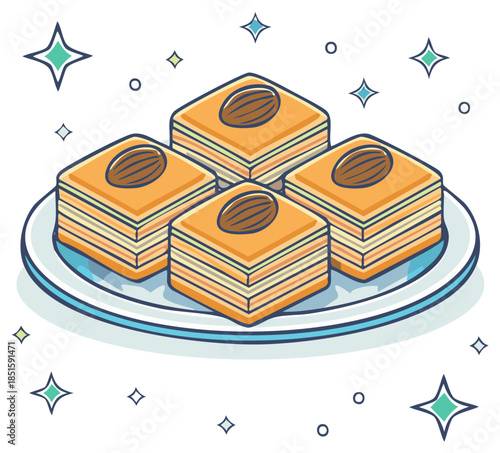 Delicious layers of sweet baklava topped with almonds on a plate surrounded by sparkling stars