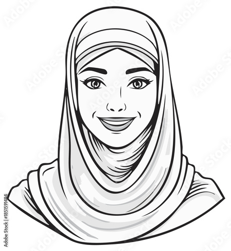 Portrait of a beautiful smiling Muslim woman wearing a hijab headscarf black and white line art illustration vector