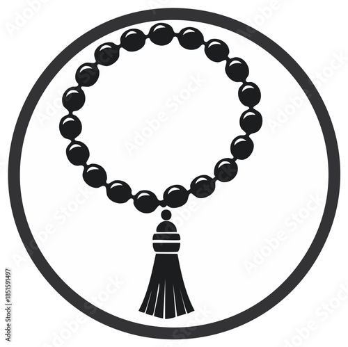 Minimalist Rosary Prayer Beads with Tassel in a Circular Frame, Vector Illustration