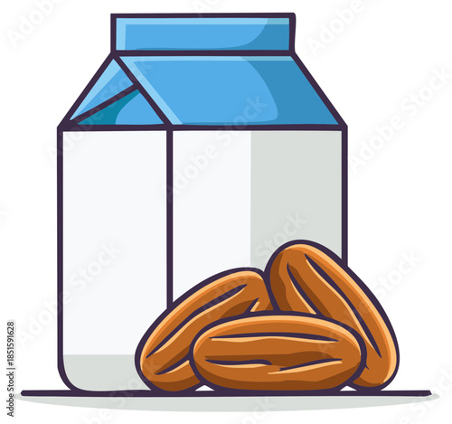 Almond milk carton with almonds in front and blue lid