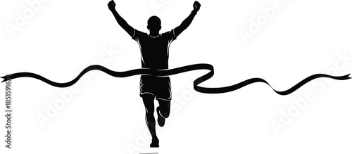 Vector Silhouette of a Winning Male Athlete Breaking the Finish Line Ribbon with Arms Raised in Celebration, Representing Victory and Success.