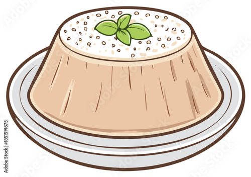 Delicious flan topped with basil and sprinkled dots on plate, sweet dessert, traditional food item