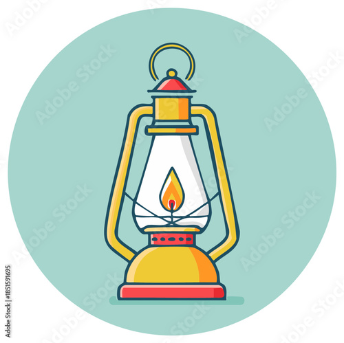 Vintage kerosene lantern with a bright flame glowing inside illuminated against a soft pastel background.