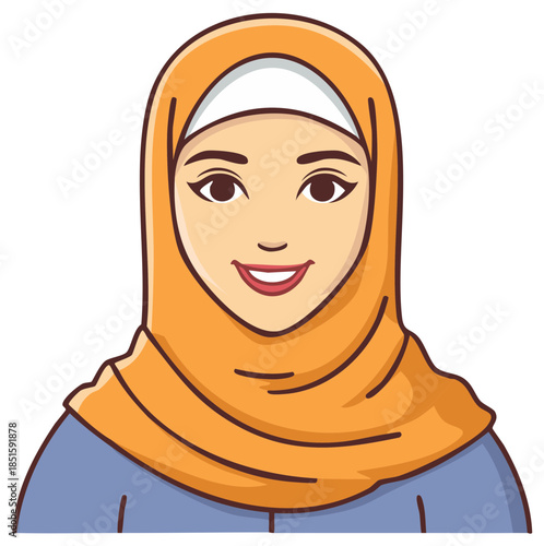 Smiling Muslim Woman Portrait Wearing Orange Hijab and Blue Clothing